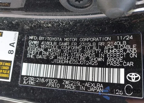 2025 Toyota Corolla Hybrid Le из США, поврежденный, VIN JTDBDMHE0SJ012425